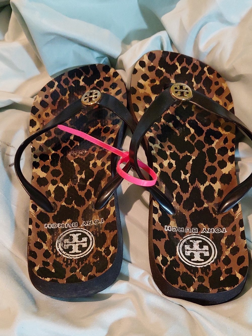 Tory Burch Leopard Print Flip Flop Sandals with Black Straps
